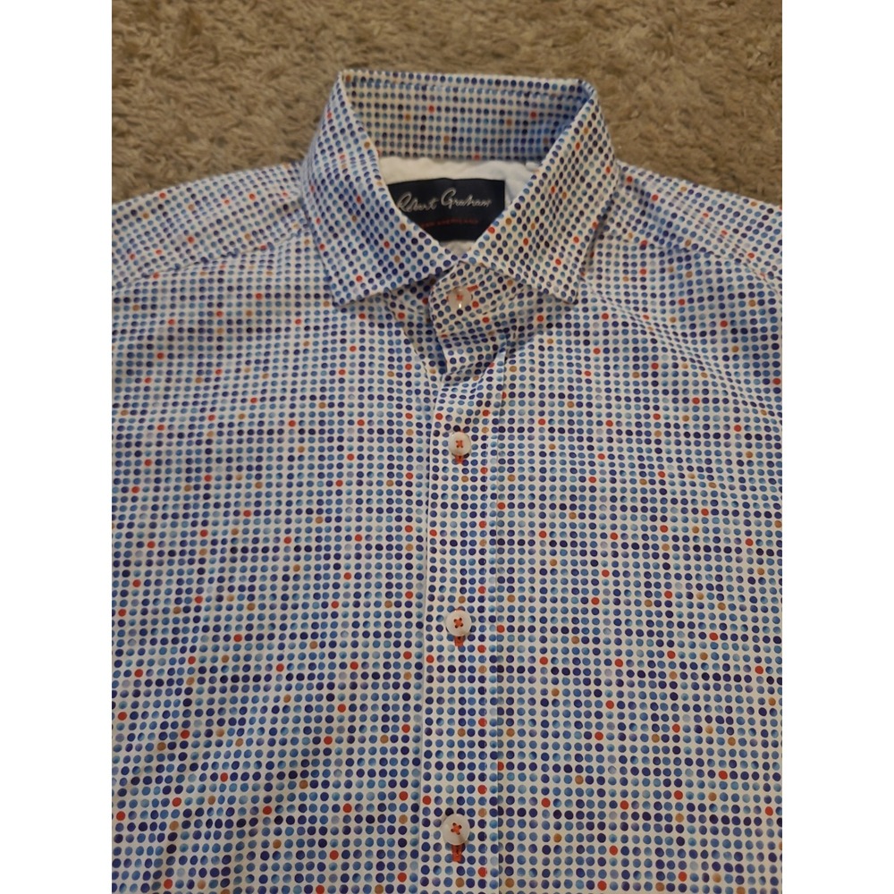 Robert Graham Mens Medium Tailored Fit Button Up Shirt Blue Orange Dotted Print